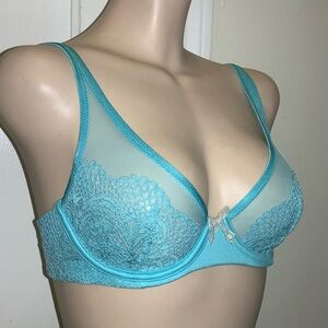 NWT VICTORIAS SECRET  Boby By Unlined Demi Blue Lace Underwire Bra Sheer Panels